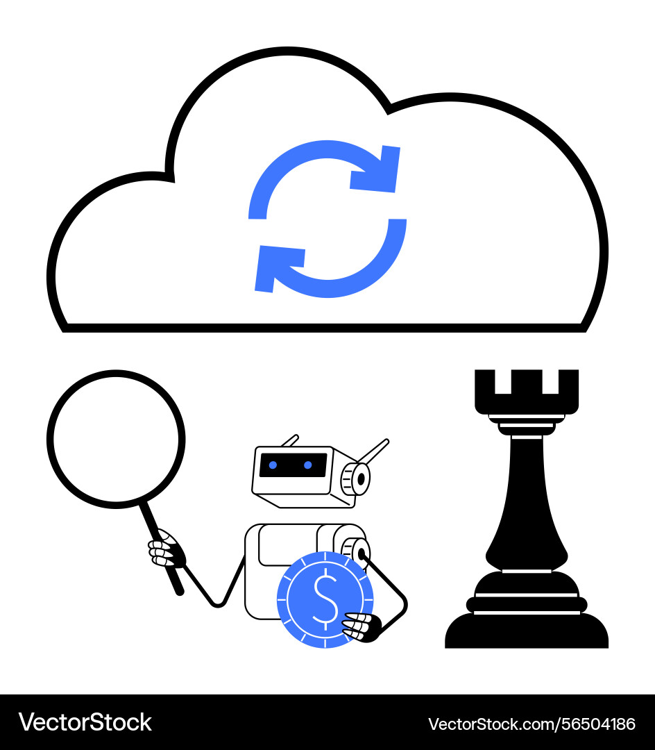 Robot analyzing data under cloud sync icon next Robot analyzing data under cloud sync icon next vector image