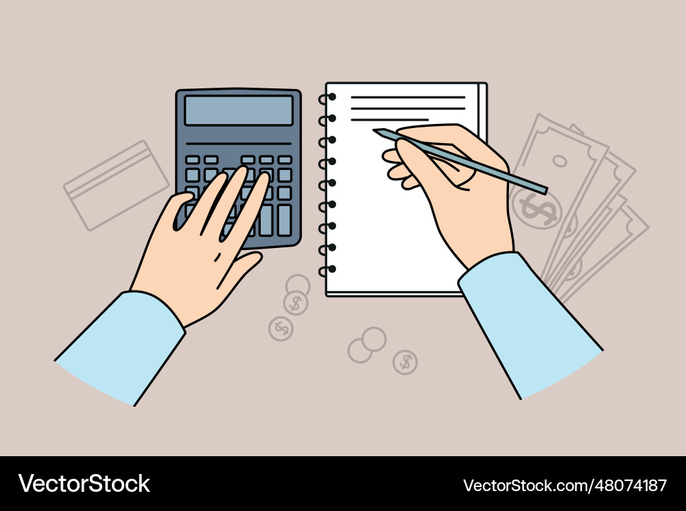 Hands of accountant using calculator for auditing Hands of accountant using calculator for auditing Vector Image