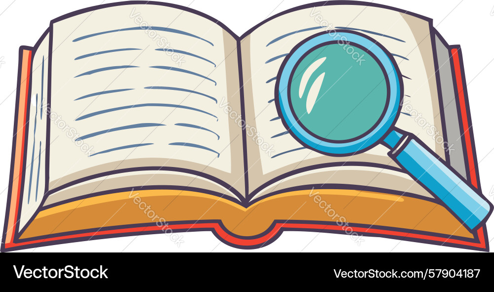 Researching knowledge open book with magnifying Vector Image