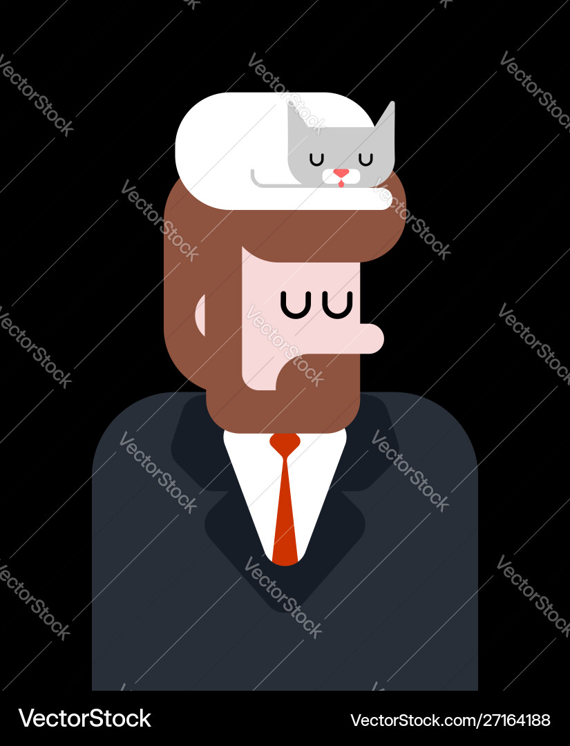 Cat sleeps on head hipster guy with beard Cat sleeps on head hipster guy with beard vector image