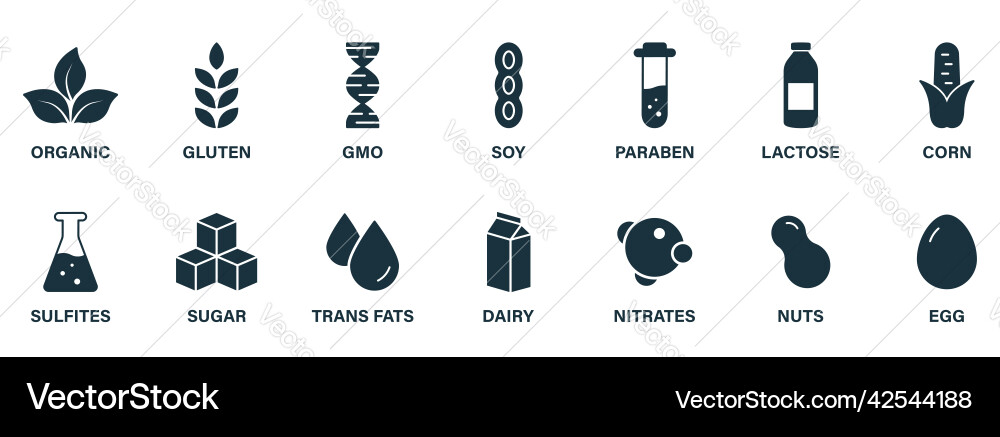 Organic allergy ingredient silhouette black set Organic allergy ingredient silhouette black set vector image