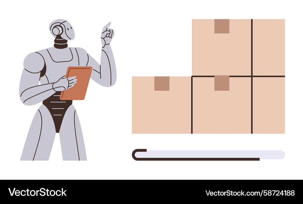 Robot with a tablet overseeing stacked boxes Robot with a tablet overseeing stacked boxes Vector Image