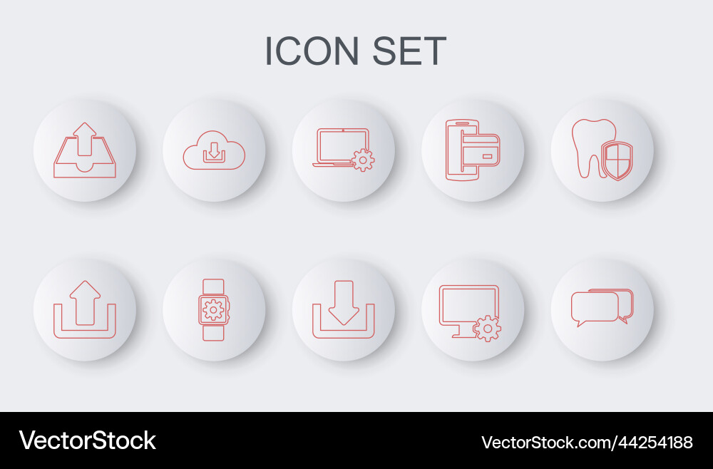Set line chat upload laptop and gear computer vector image