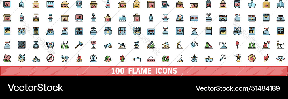 100 flame icons set color line style 100 flame icons set color line style vector image
