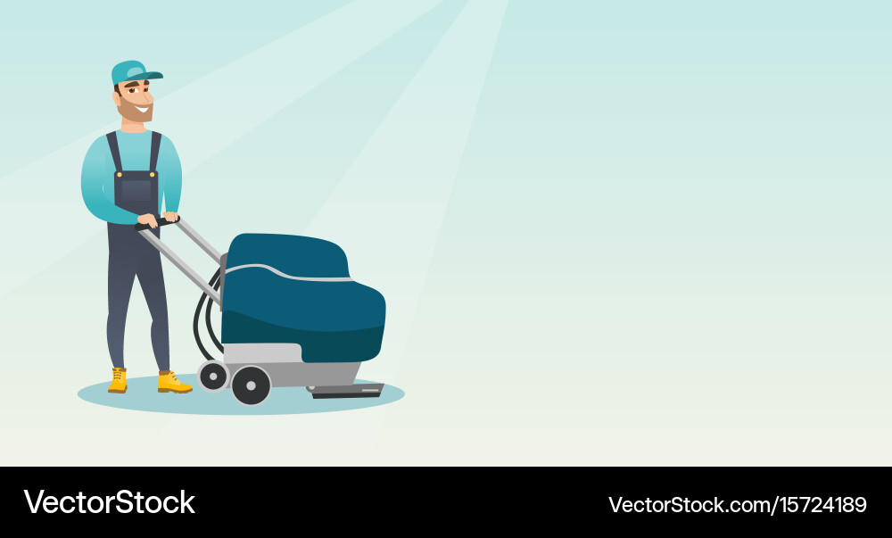 Man cleaning the store floor with a machine Vector Image