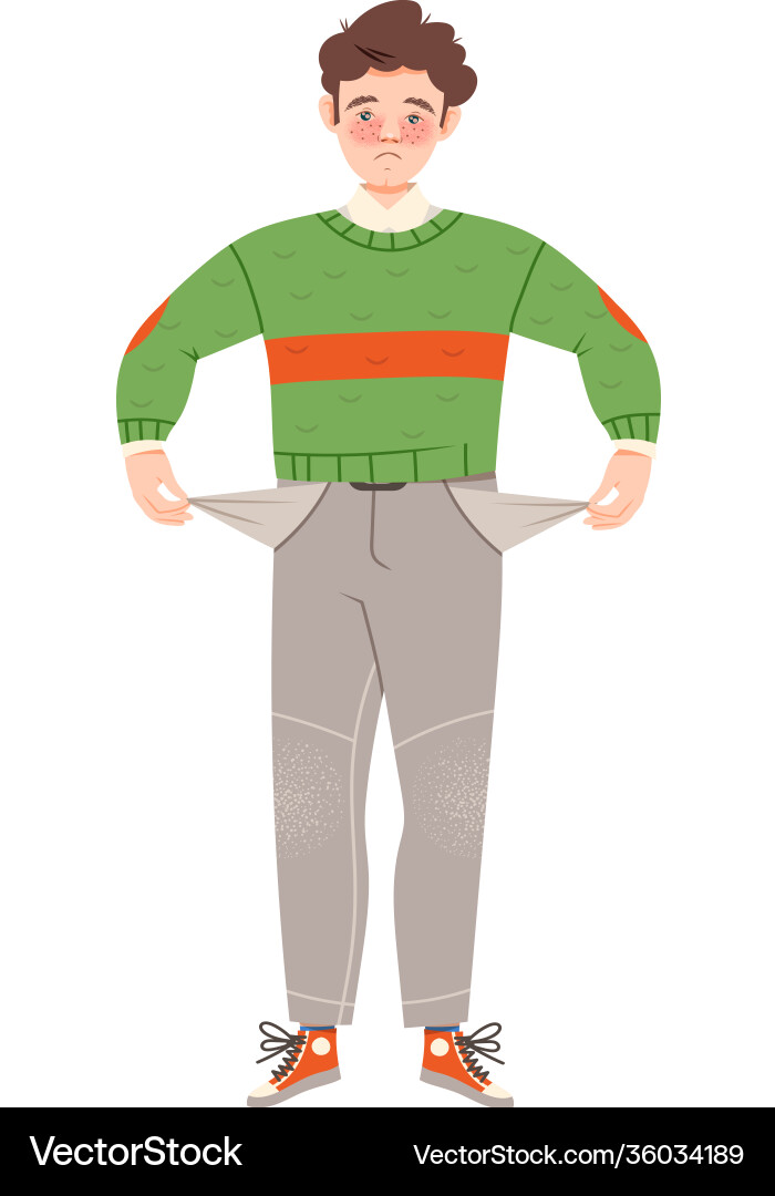 Sad freckled man standing with empty pockets Vector Image