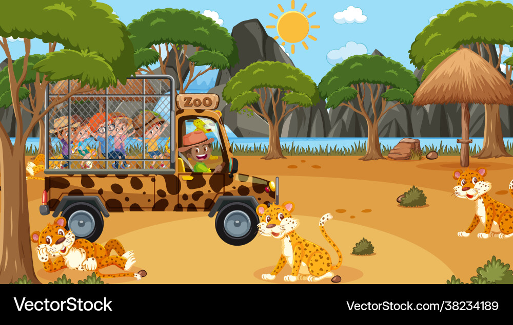 Safari at daytime scene with children watching Safari at daytime scene with children watching vector image