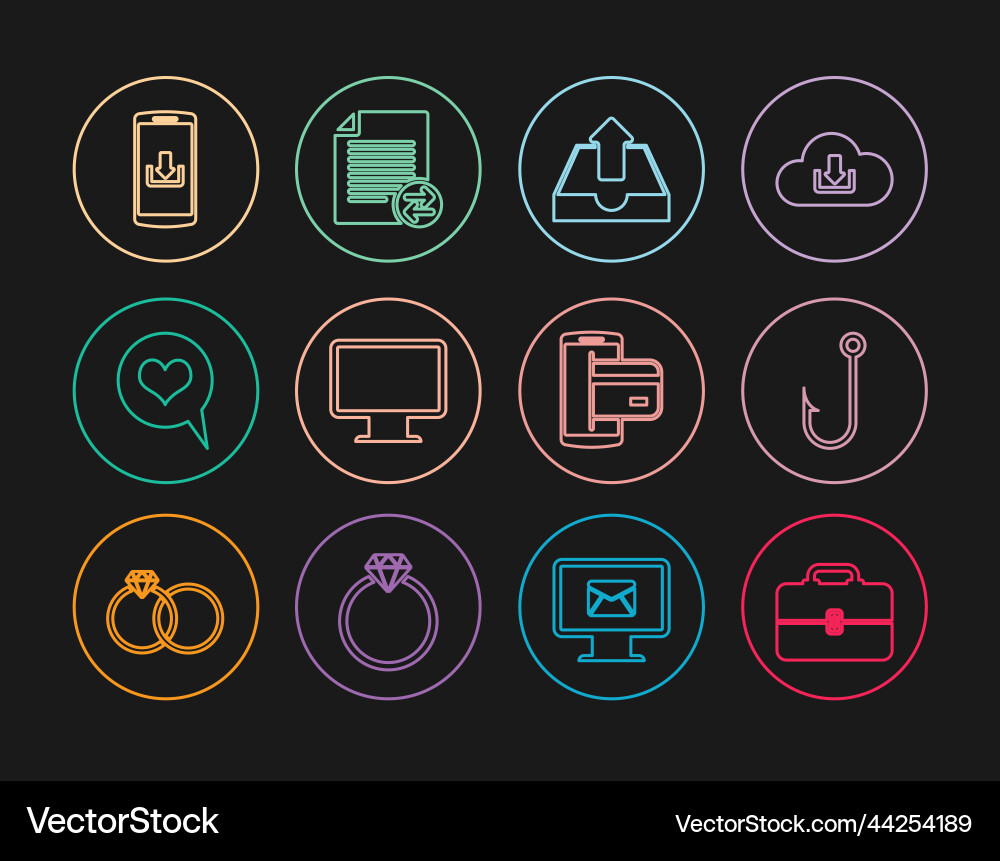 Set line toolbox fishing hook upload inbox Set line toolbox fishing hook upload inbox vector image