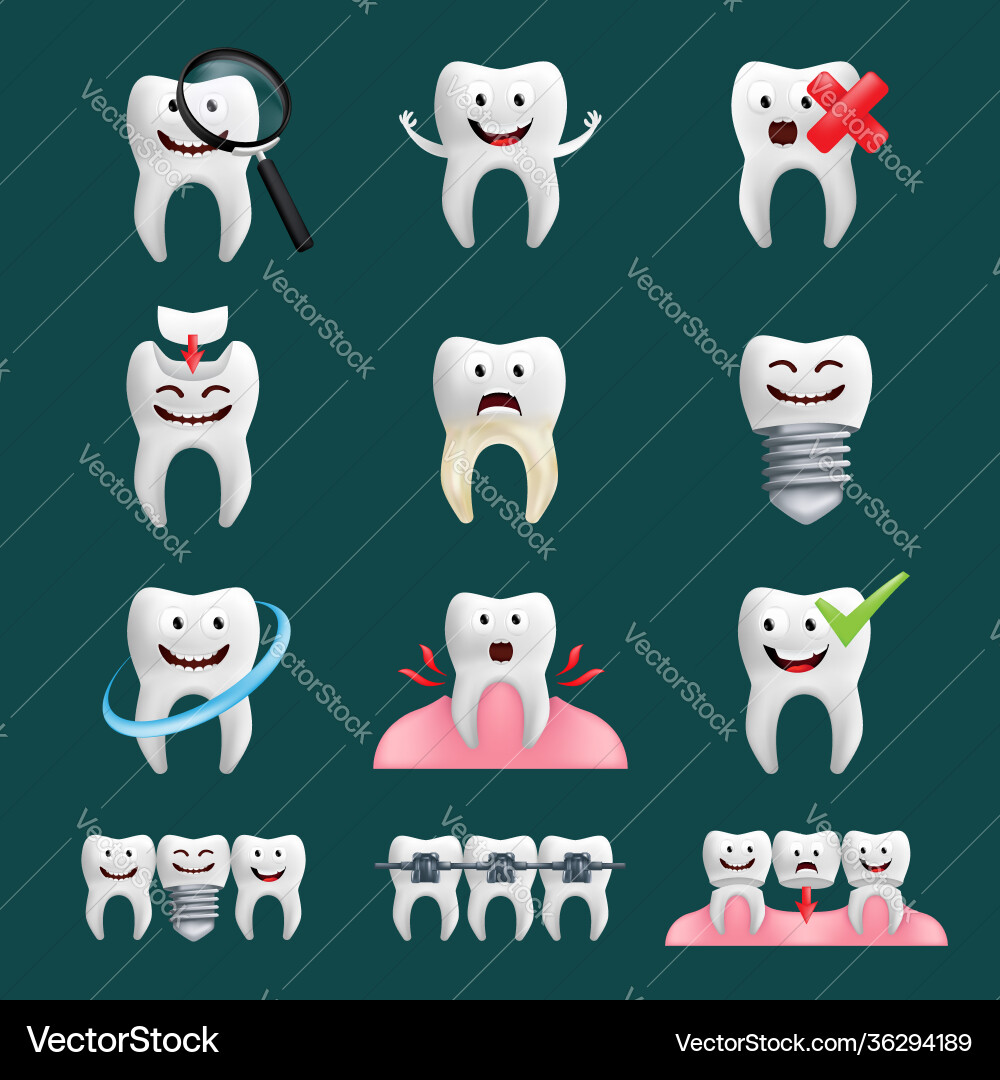 Smiling teeth set with different elements cute Vector Image