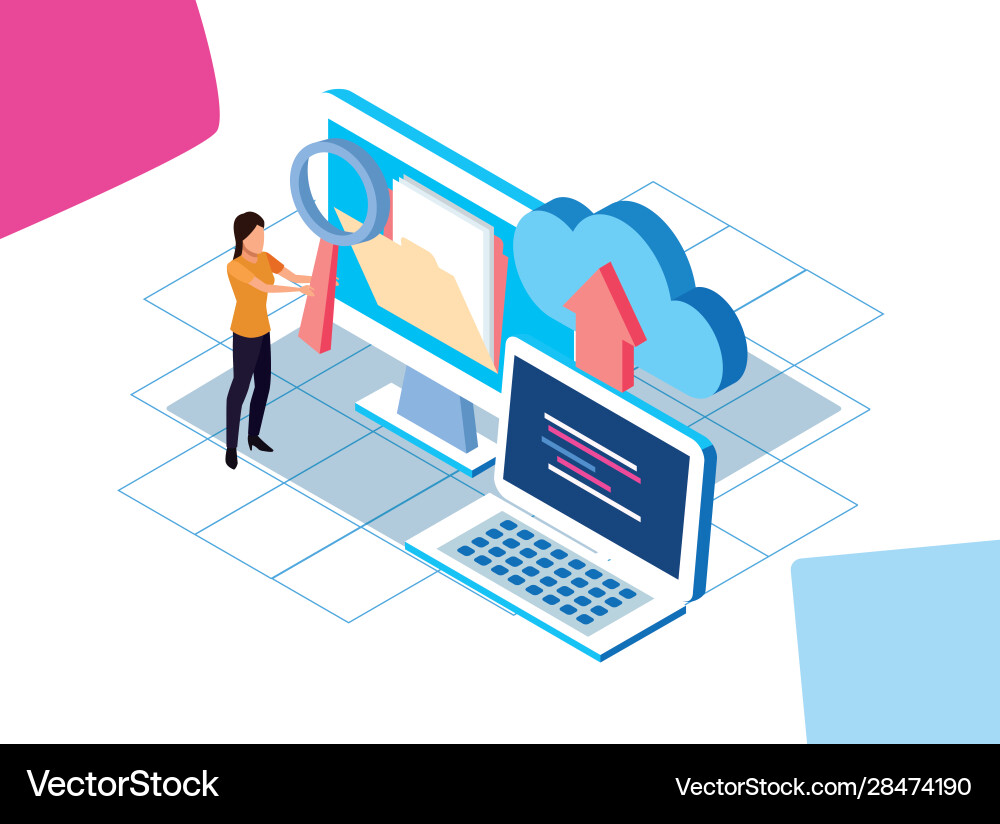 Big data colorful design with computers and woman Big data colorful design with computers and woman vector image