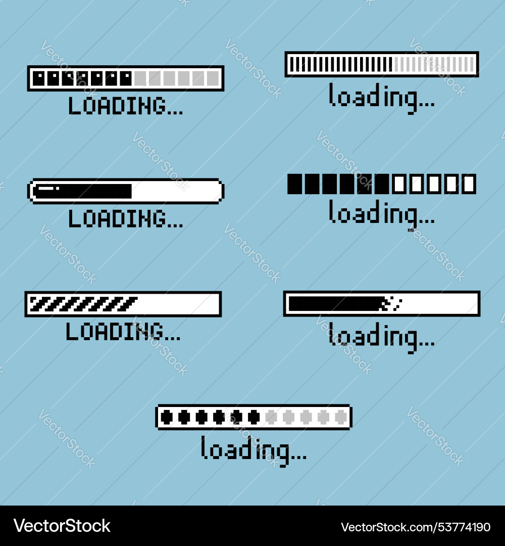 Pixel art loading process progress counter bar Pixel art loading process progress counter bar vector image