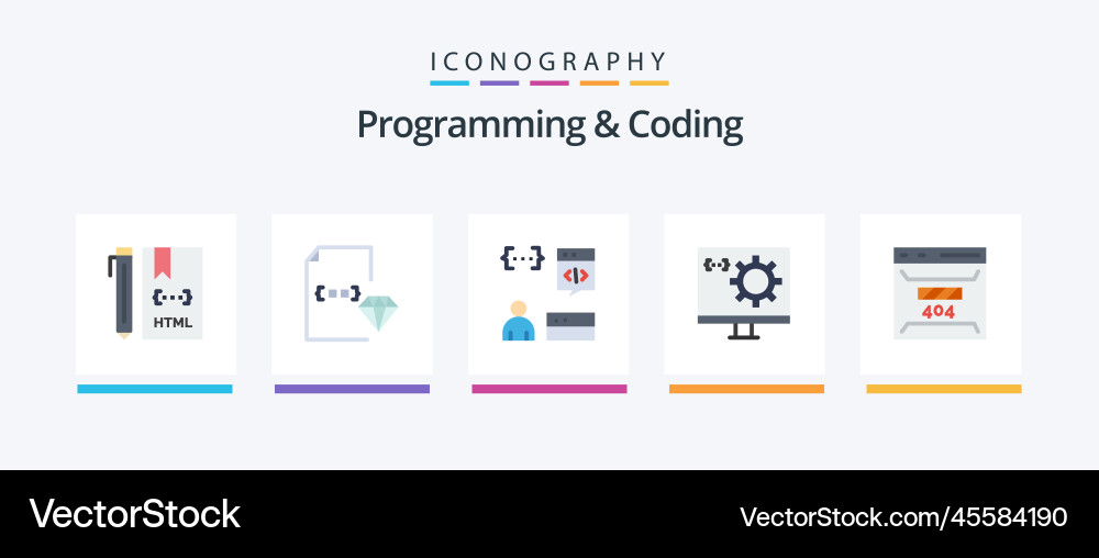 Programming and coding flat 5 icon pack including vector image