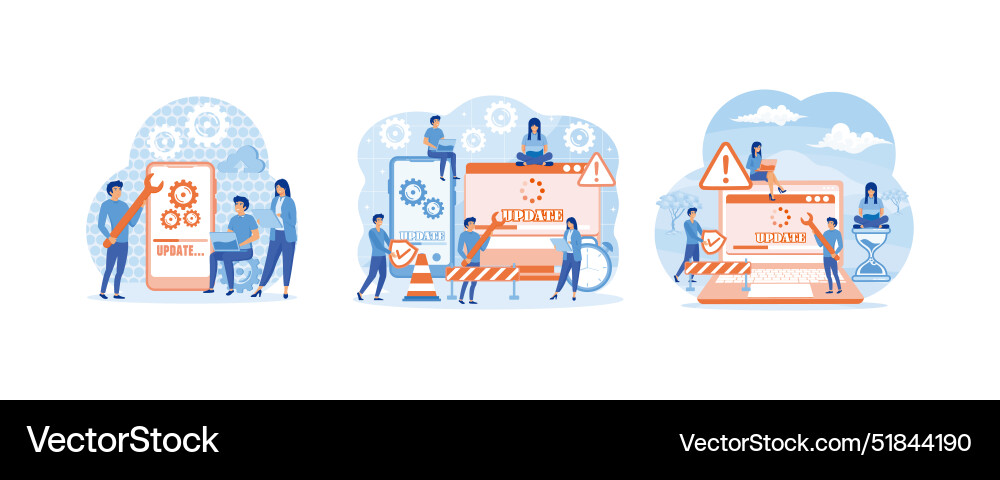 System updates with people updating operation System updates with people updating operation Vector Image