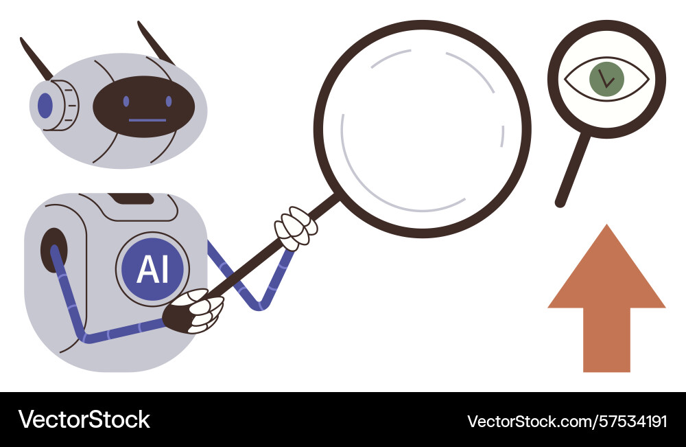 Robot with ai magnifying data using lens vector image