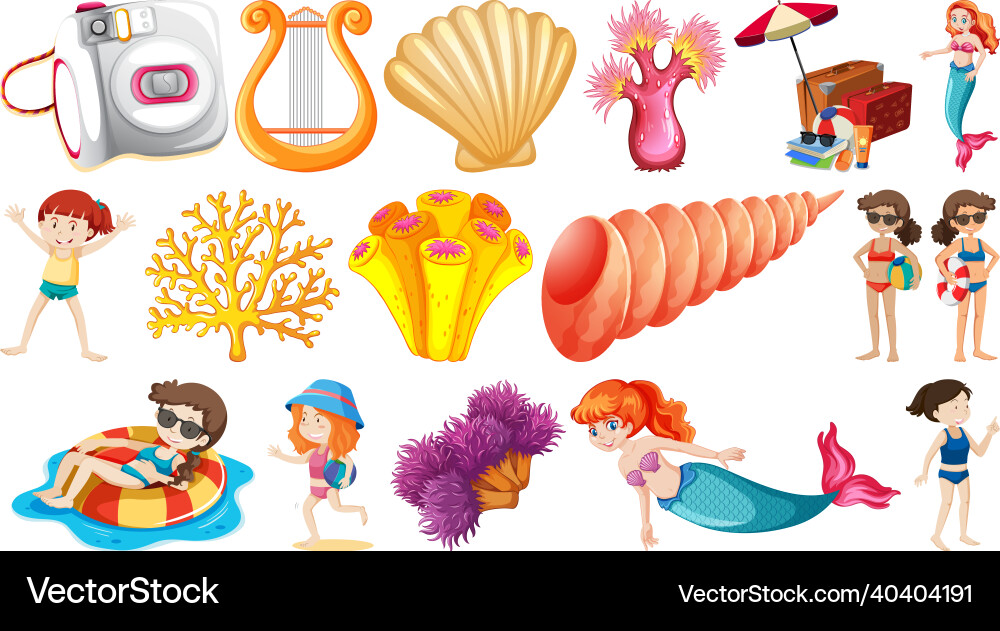 Set of summer beach objects and cartoon characters Set of summer beach objects and cartoon characters Vector Image