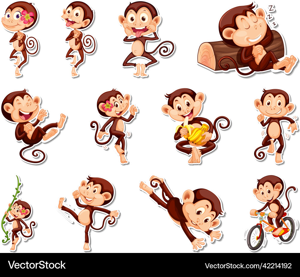 Sticker set of funny monkey cartoon characters Vector Image