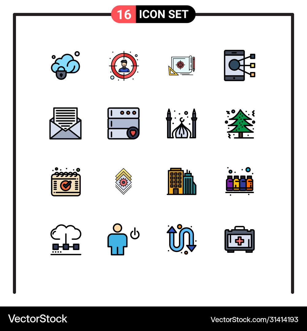 16 universal flat color filled lines set for web Vector Image