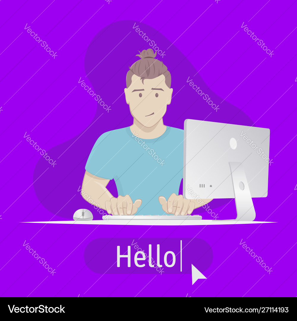 Avatar hello boy sitting at table with computer Vector Image