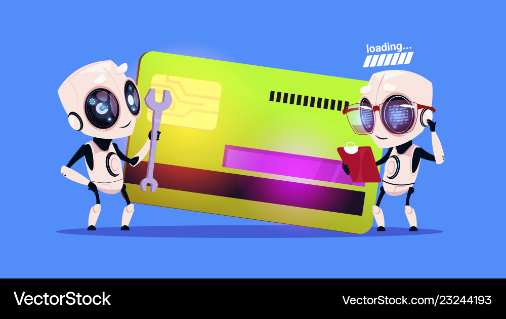 Modern robots standing over credit card reading Modern robots standing over credit card reading vector image