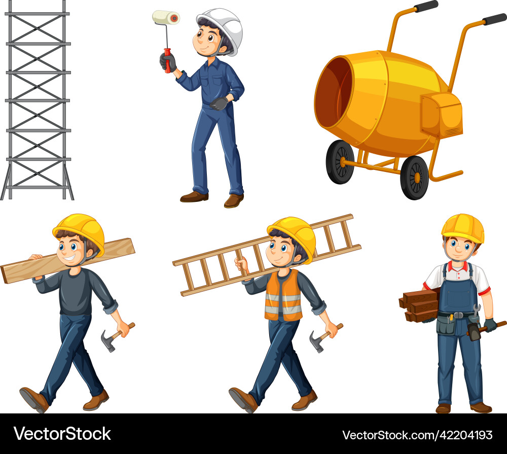 Set of construction site objects and workers Vector Image