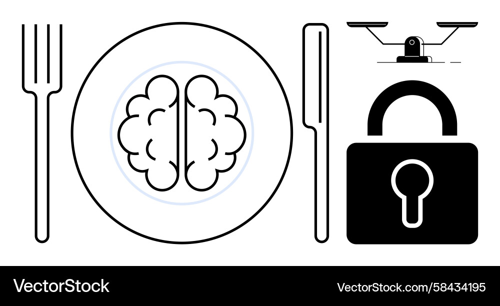 Brain with Plate, Fork, and Lock - Knowledge & Sec Vector Image