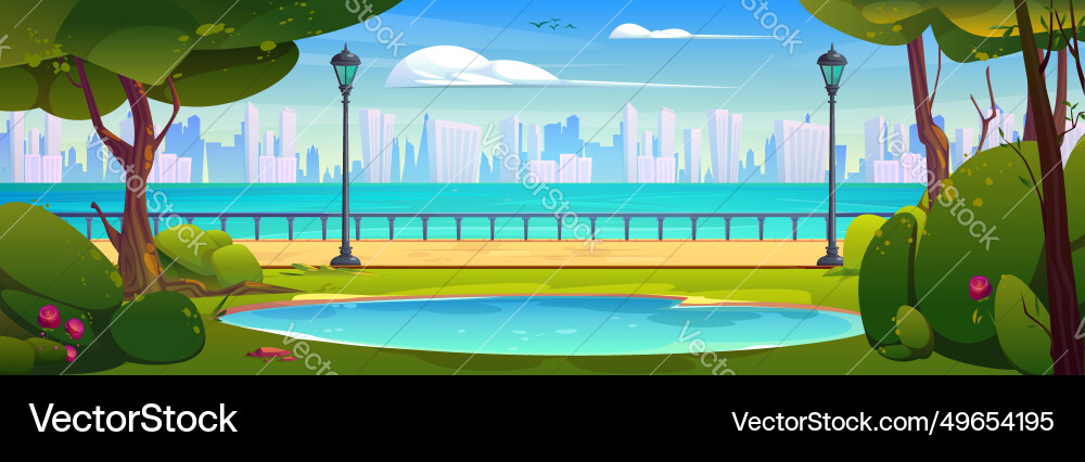 Sommertag an der Stadtpromenade mit See Sommertag an der Stadtpromenade mit See vektorbild