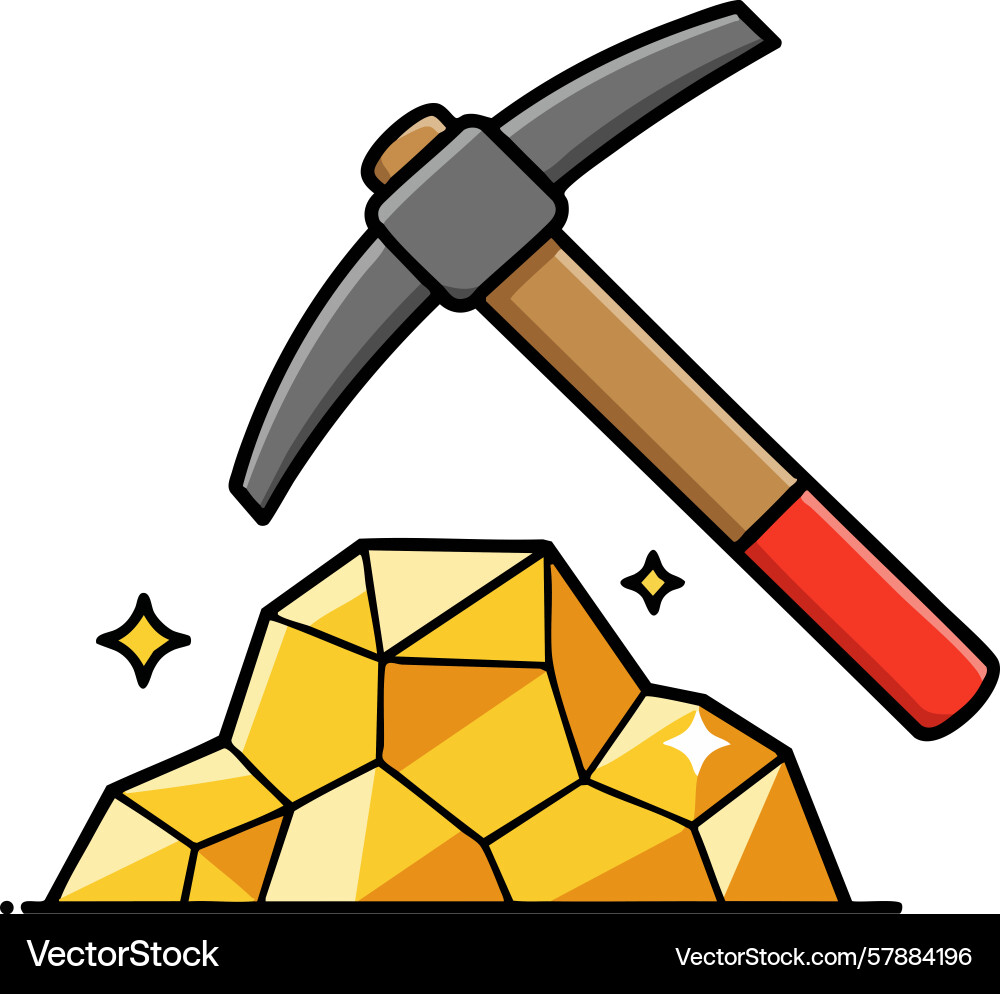 Pickaxe and gold ore mining tool with shiny Vector Image