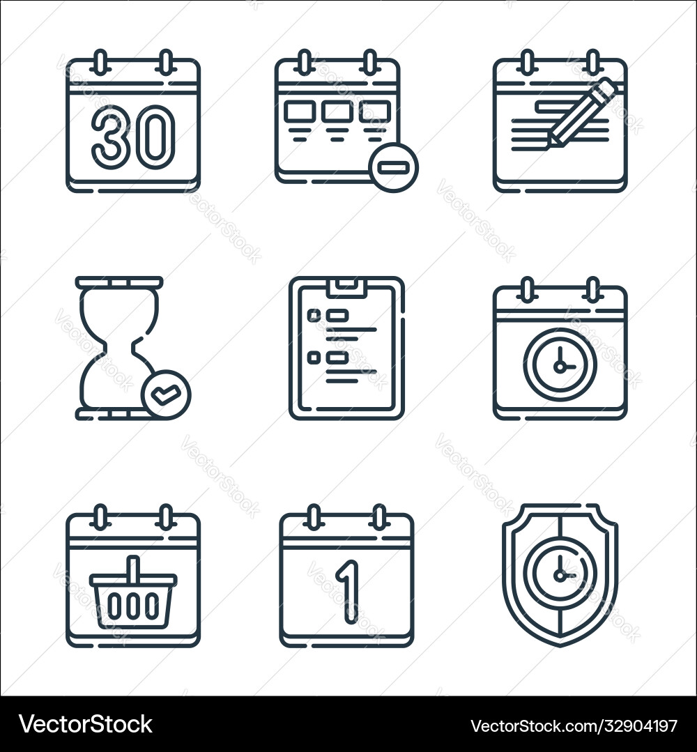 Calendar and date line icons linear set quality Calendar and date line icons linear set quality vector image