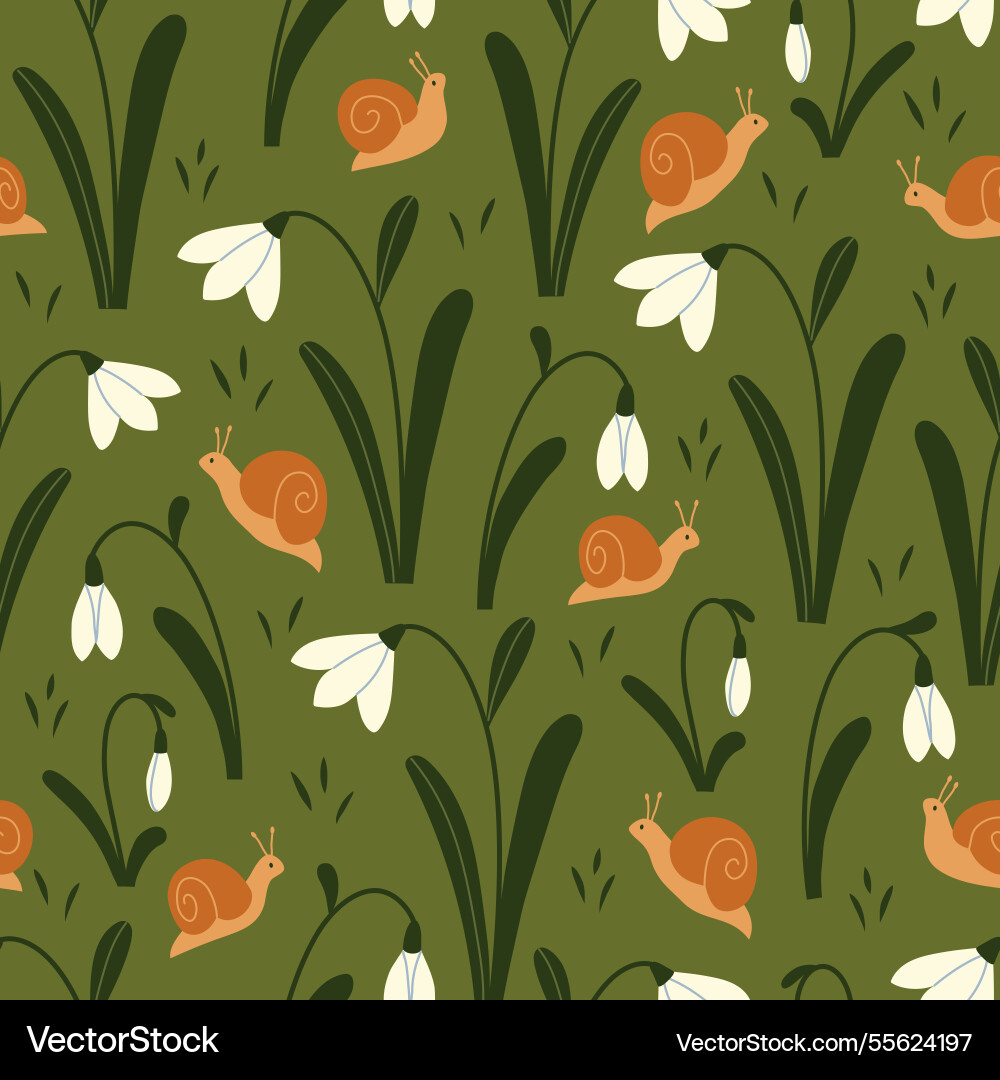 Seamless pattern with snails and snowdrops Vector Image