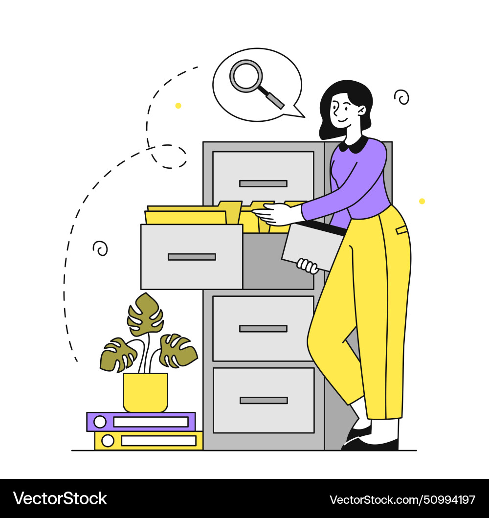 Woman with file search linear Royalty Free Vector Image