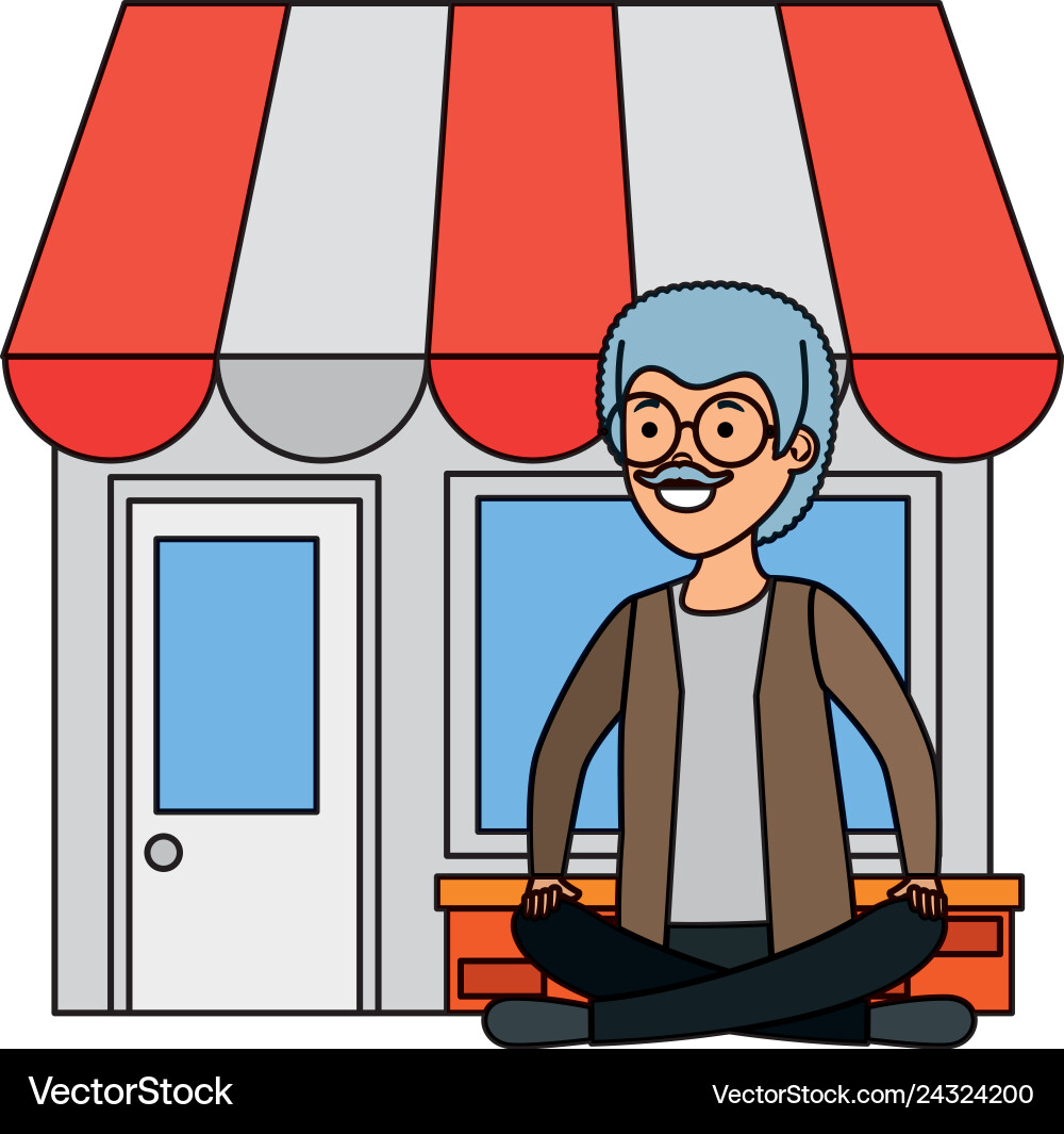 Old man in lotus position with store building Vector Image