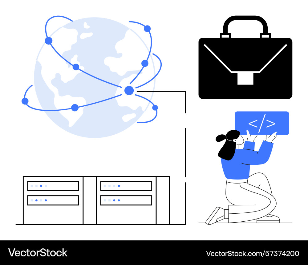 Woman coding global connectivity network data Woman coding global connectivity network data vector image