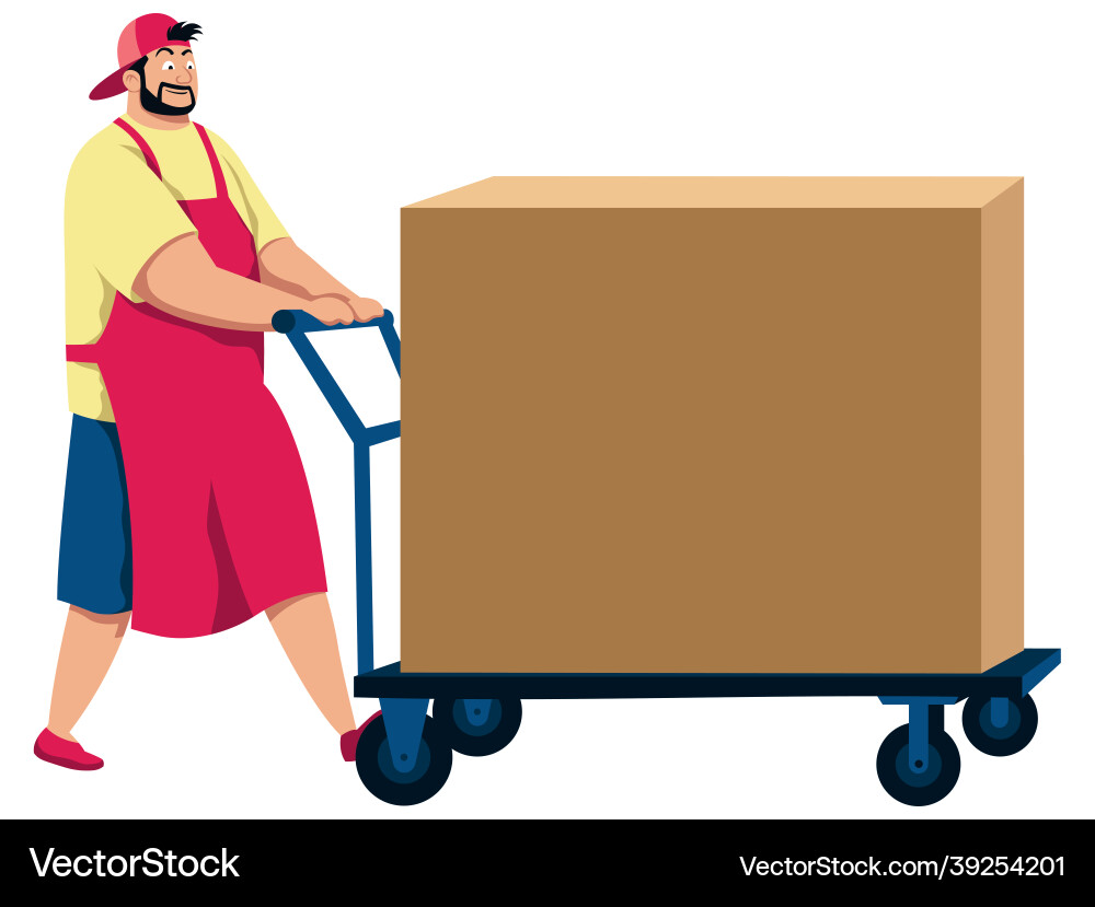 Man Pushing Cart with Box Vector Image