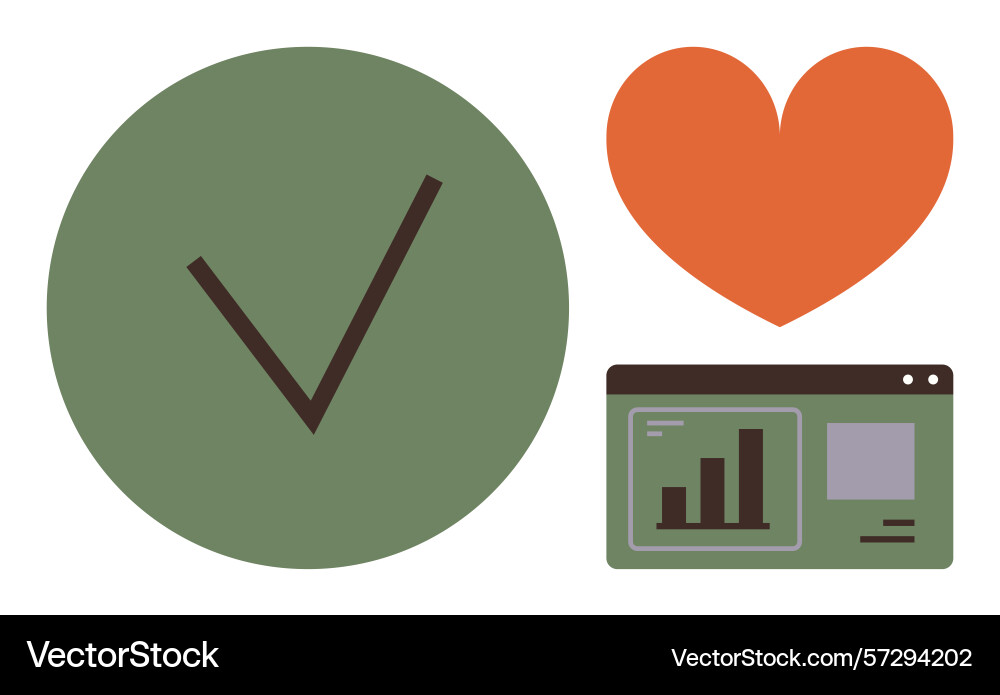 Green checkmark heart and data analytics window Green checkmark heart and data analytics window Vector Image