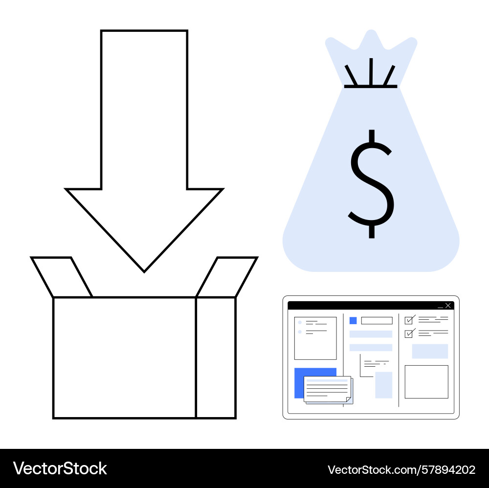 Money bag open box with down arrow and web Vector Image