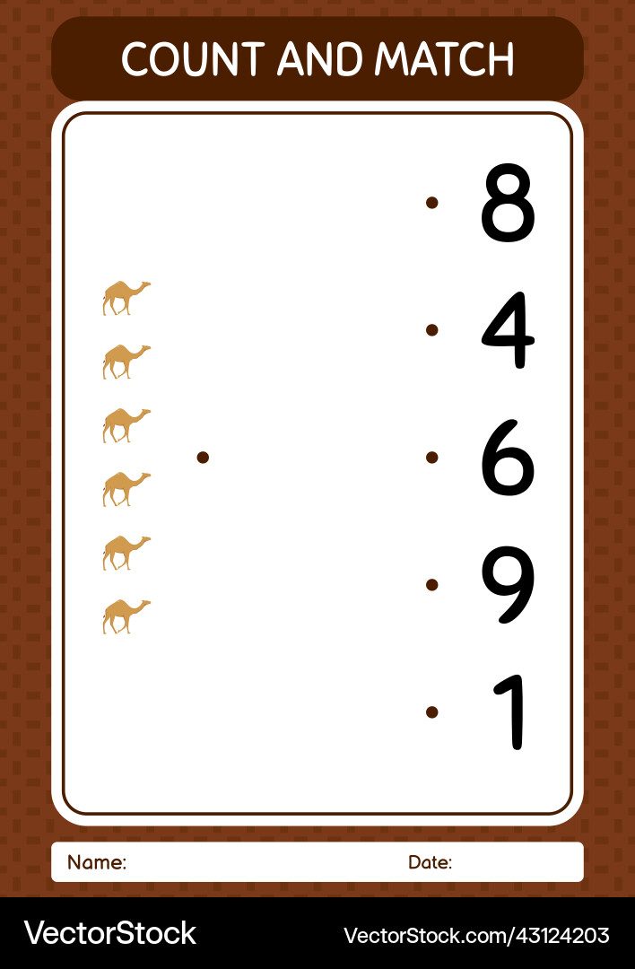 Count and match game with camel worksheet Count and match game with camel worksheet vector image