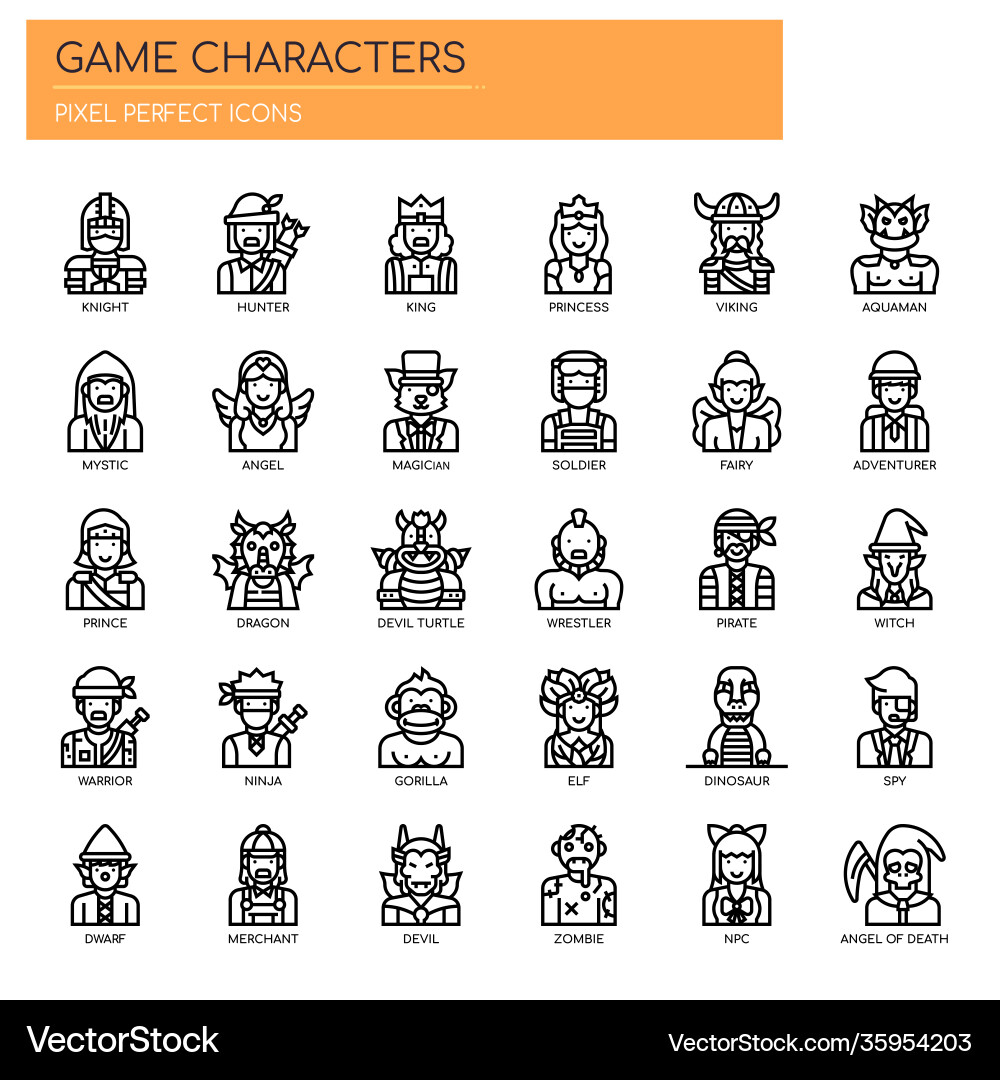 Game characters thin line and pixel perfect icons Vector Image