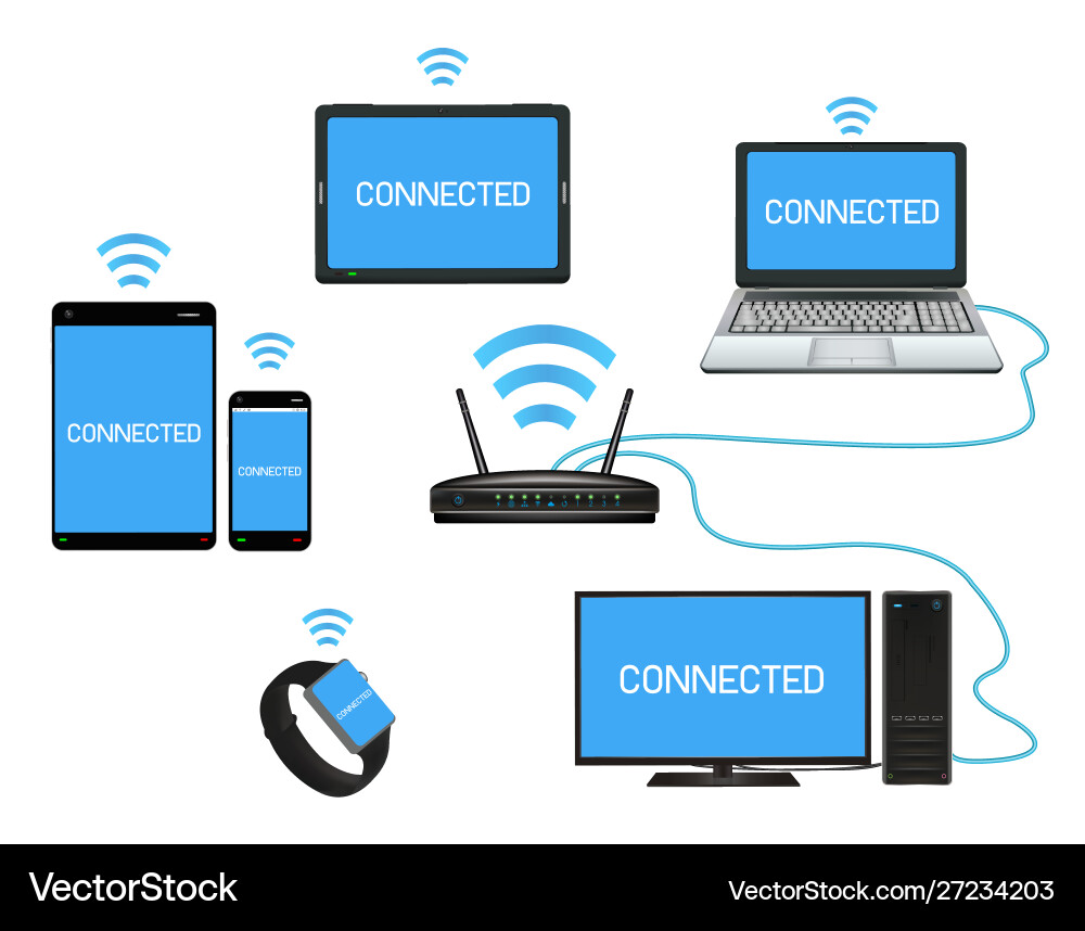 Smart device and computer connect with router Smart device and computer connect with router vector image