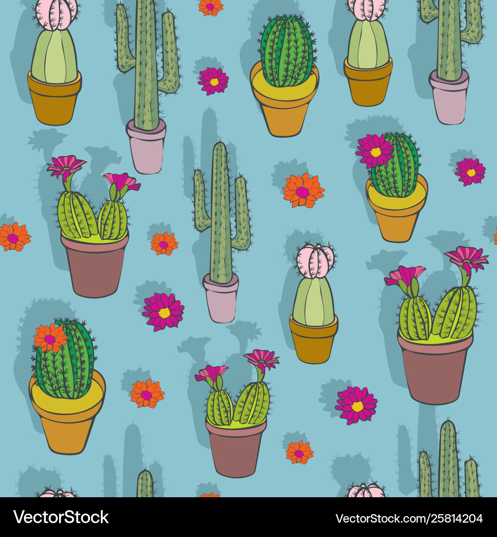 Colorful cacti collection repeat pattern seamless Vector Image