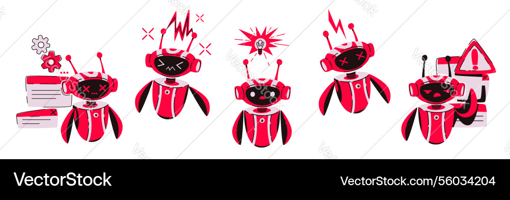 Cute red robot character set with issues Cute red robot character set with issues vector image
