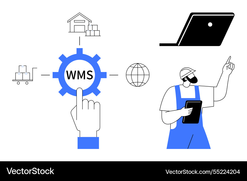 Warehouse management system automation with worker Warehouse management system automation with worker vector image