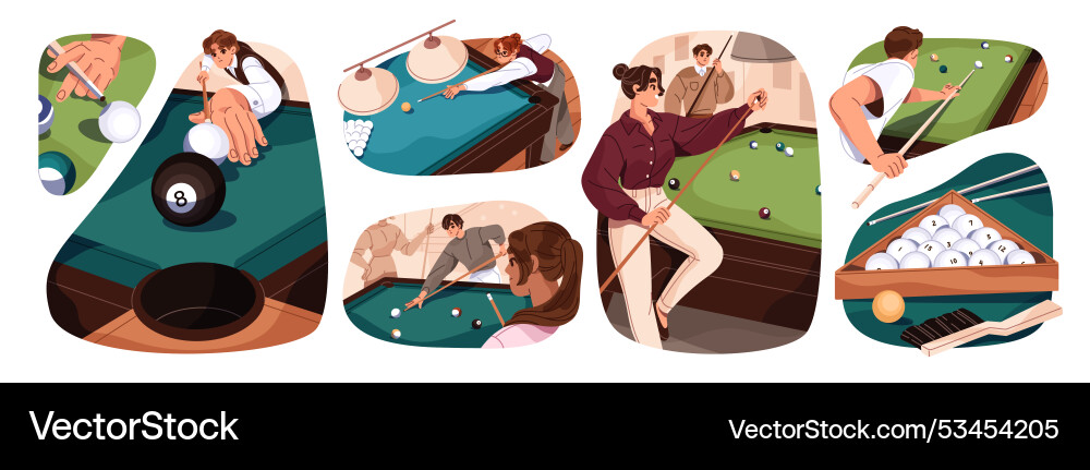 People play pool at billiard table set snooker Vector Image