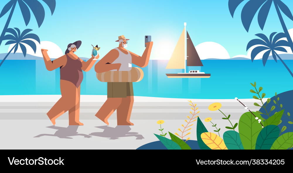 Senior couple drinking cocktail and using Senior couple drinking cocktail and using vector image