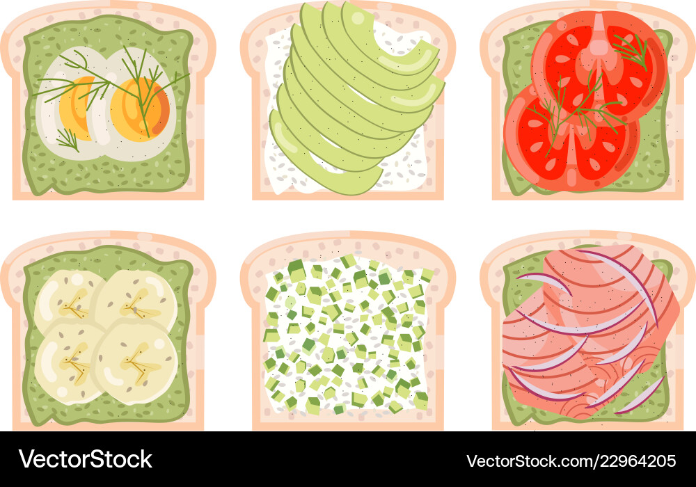 Toasted bread avocado red fish egg banana tomato Toasted bread avocado red fish egg banana tomato vector image