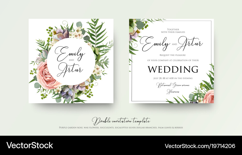Floral Wedding Invitation - Lavender & Green Vector Image