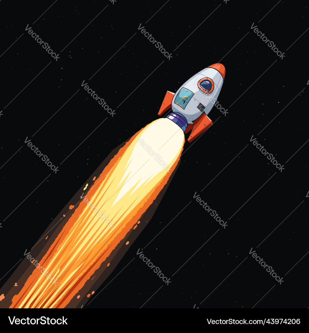 Flying colorful space rocket with working engine Flying colorful space rocket with working engine Vector Image