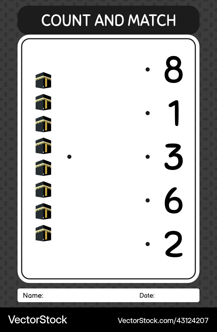 Count and match game with kaaba worksheet Count and match game with kaaba worksheet vector image