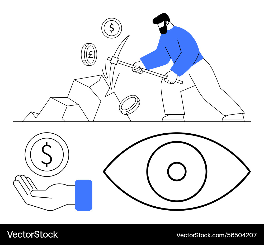 Man mining currency with pickaxe near rocks eye Man mining currency with pickaxe near rocks eye Vector Image