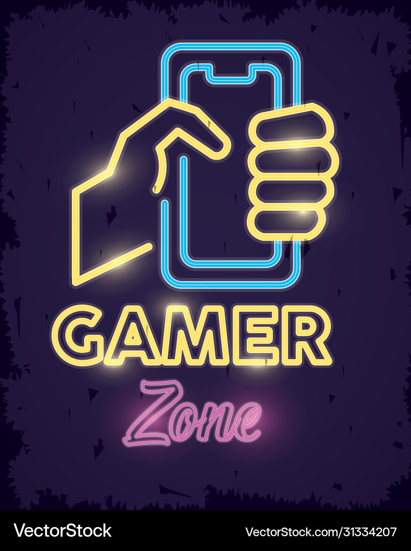 Retro video game neon with hand using smartphone Retro video game neon with hand using smartphone vector image