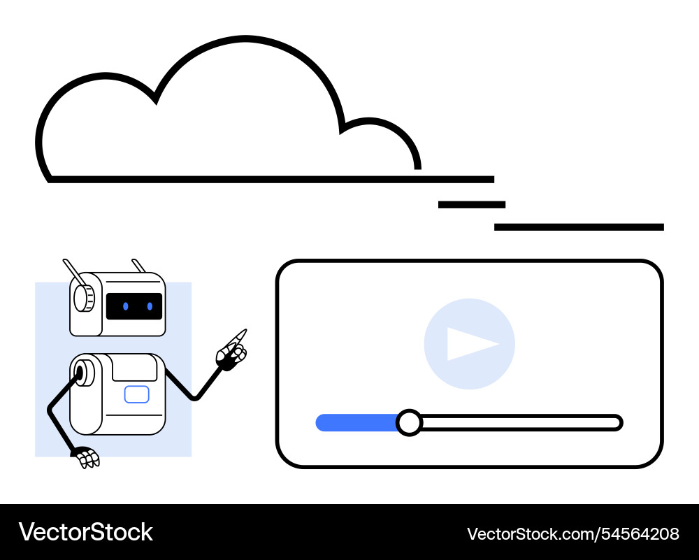 Robot pointing at cloud streaming video player Robot pointing at cloud streaming video player vector image
